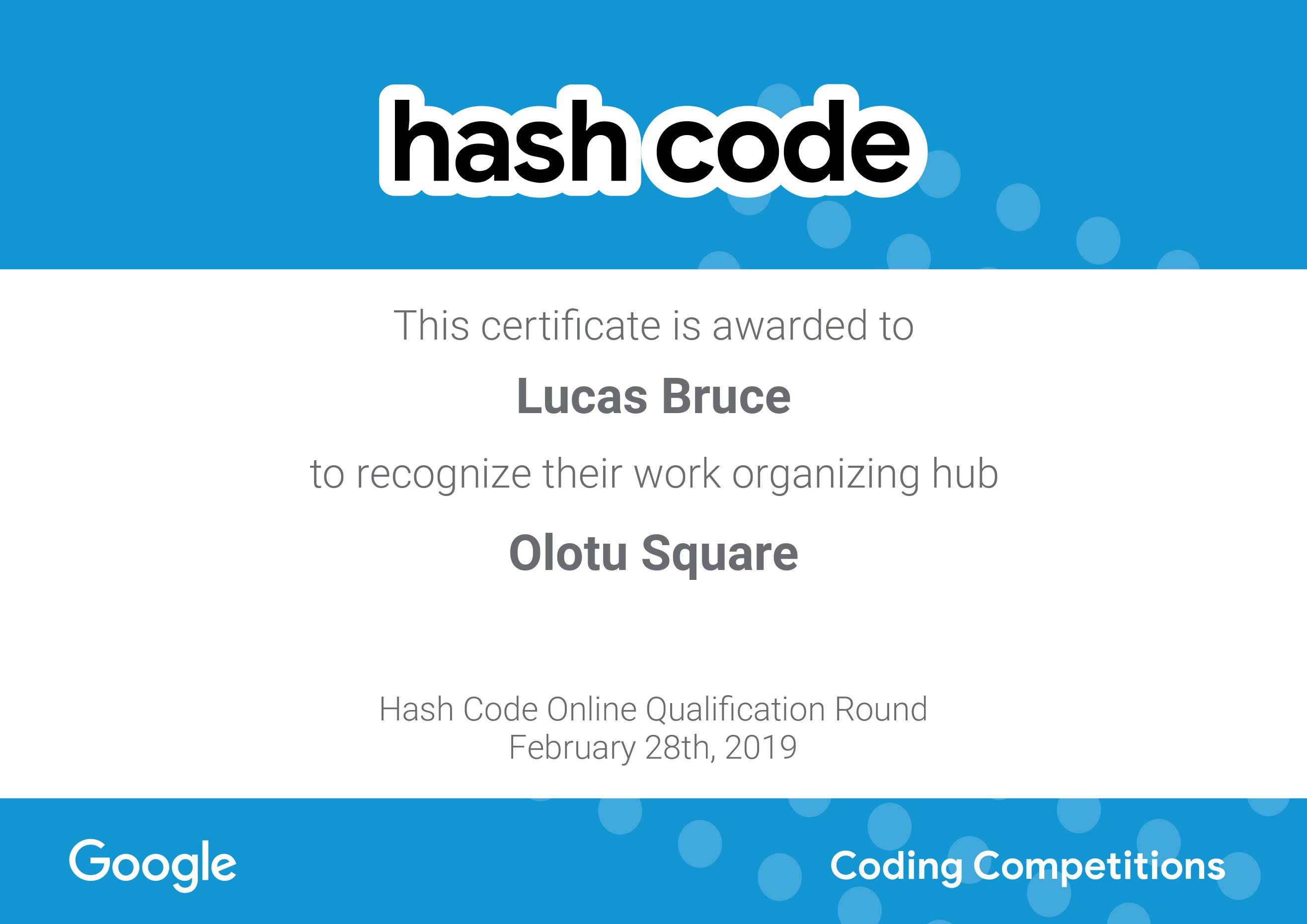 Google HashCode Organizer Award Certificate